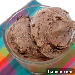 A close up photo of double chocolate chip ice cream in a clear dish.