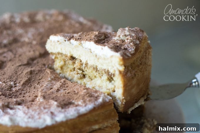 A slice of Tiramisu Cheesecake on a plate, showing its layers and topping