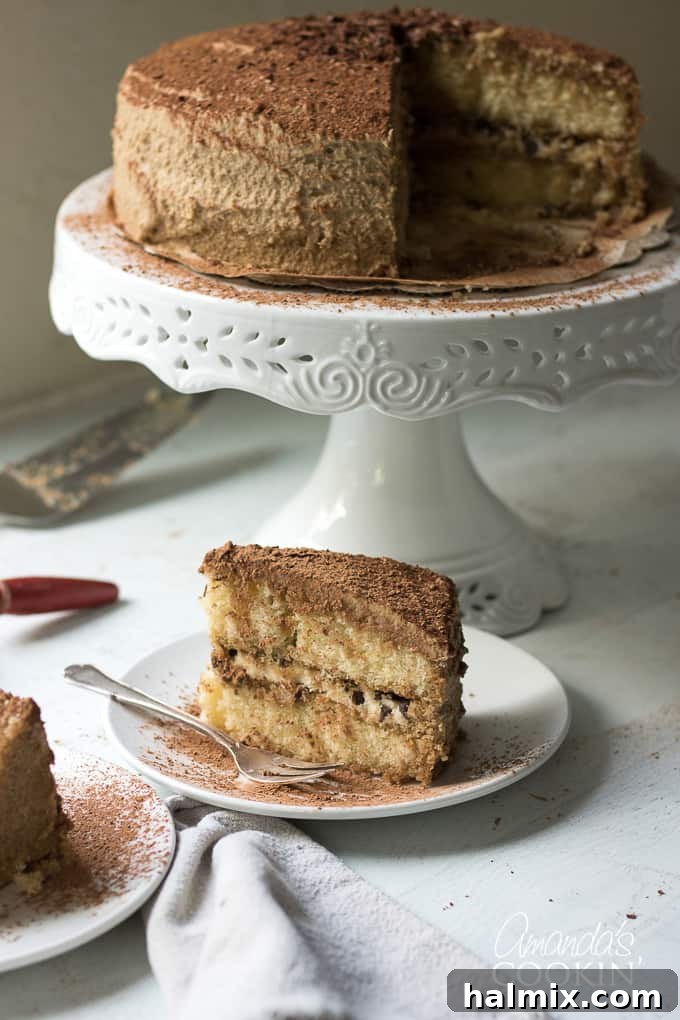 A whole Tiramisu cake, sliced and served