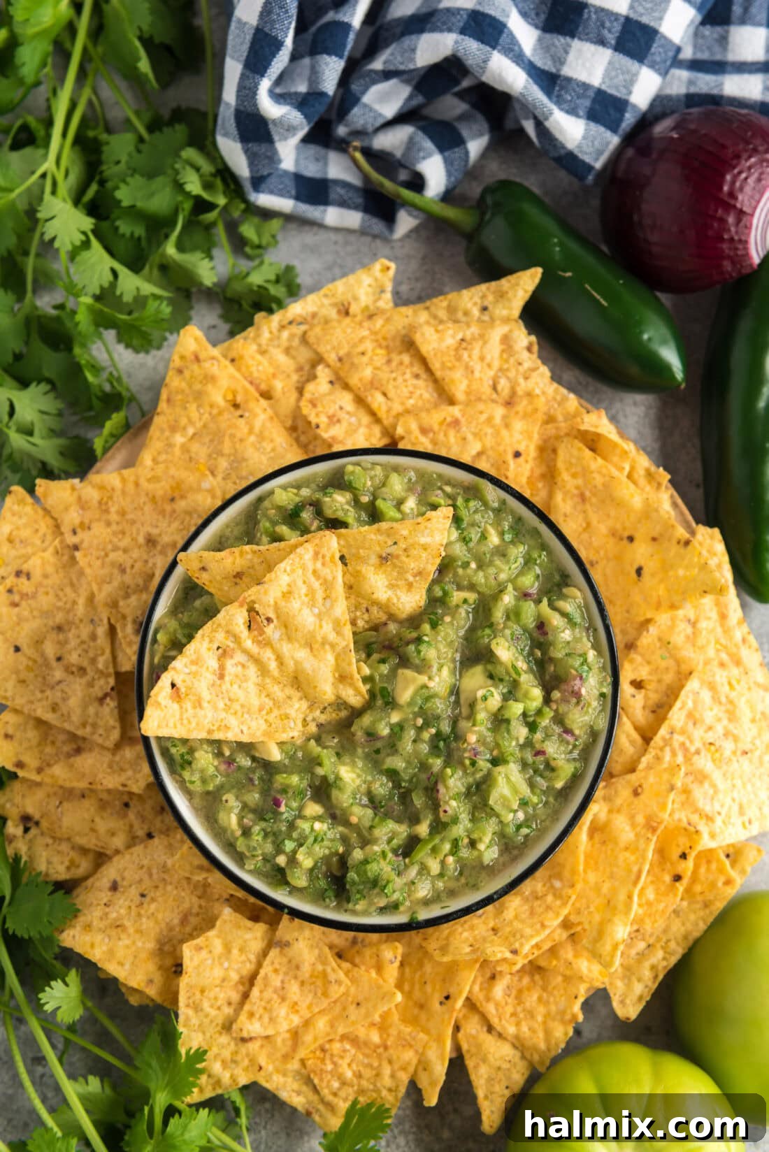 Overhead photo of a bowl of Tomatillo Onion Avocado Salsa with two chips in it, ready for dipping