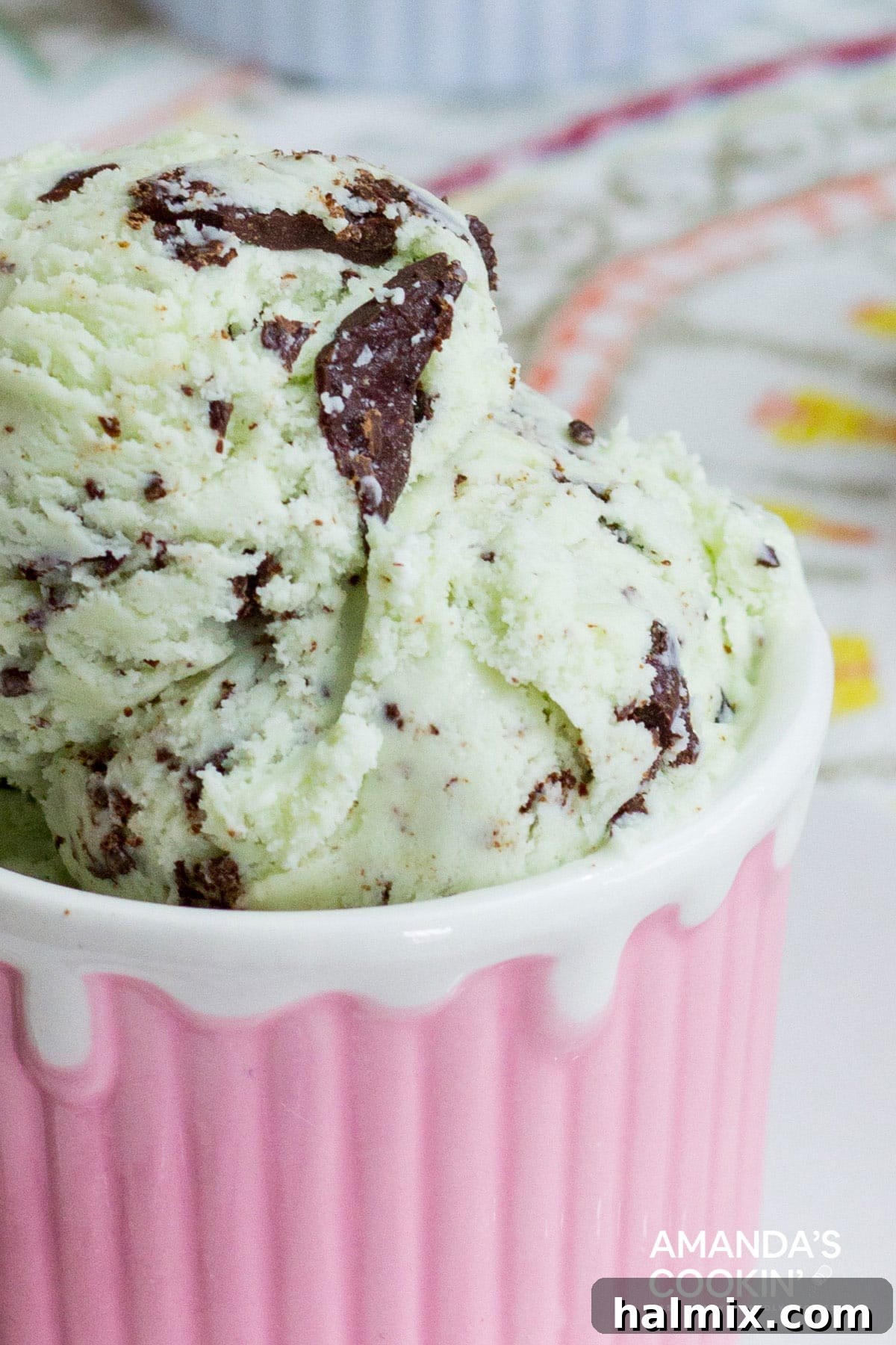 Crafted Mint Chocolate Chip Indulgence 2 MINT CHOCOLATE CHIP ICE CREAM IN PINK DISH, a vibrant scoop of homemade mint chocolate chip ice cream served in a charming pink bowl, garnished with fresh mint leaves and extra chocolate shavings.