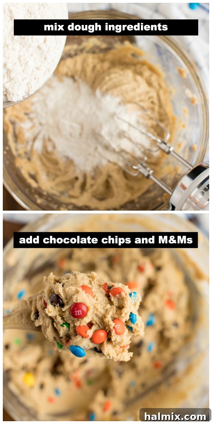 Mixing the perfect cookie dough for M&M cookies. A close-up view of cookie dough being mixed in a stand mixer, showing the creamy texture.