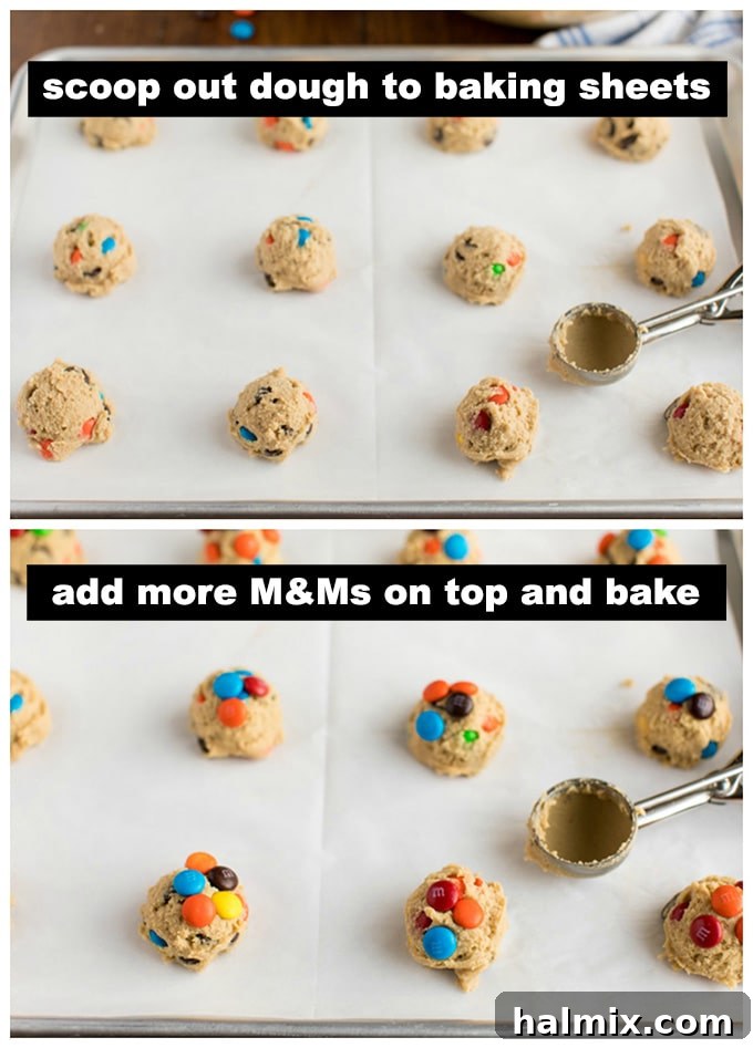 Scooping uniform cookie dough balls for even baking. Cookie dough being scooped onto a baking sheet, showing individual portions ready for the oven.