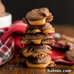 Stack of perfectly crafted homemade chocolate turtles, showing a close-up of the pecan, caramel, and chocolate layers.