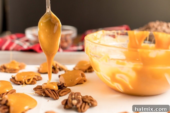 A spoon dripping gooey, melted caramel into a bowl, showing its smooth and ready-to-use consistency for candy making.