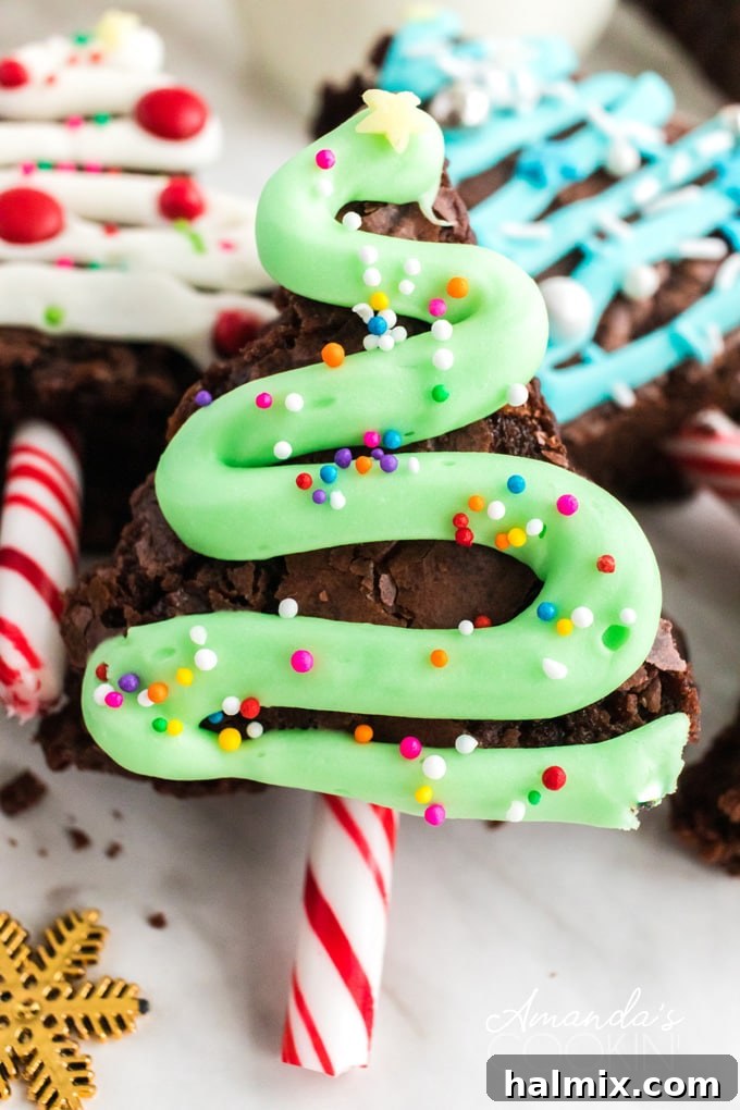 close up of brownis decorated like christmas trees
