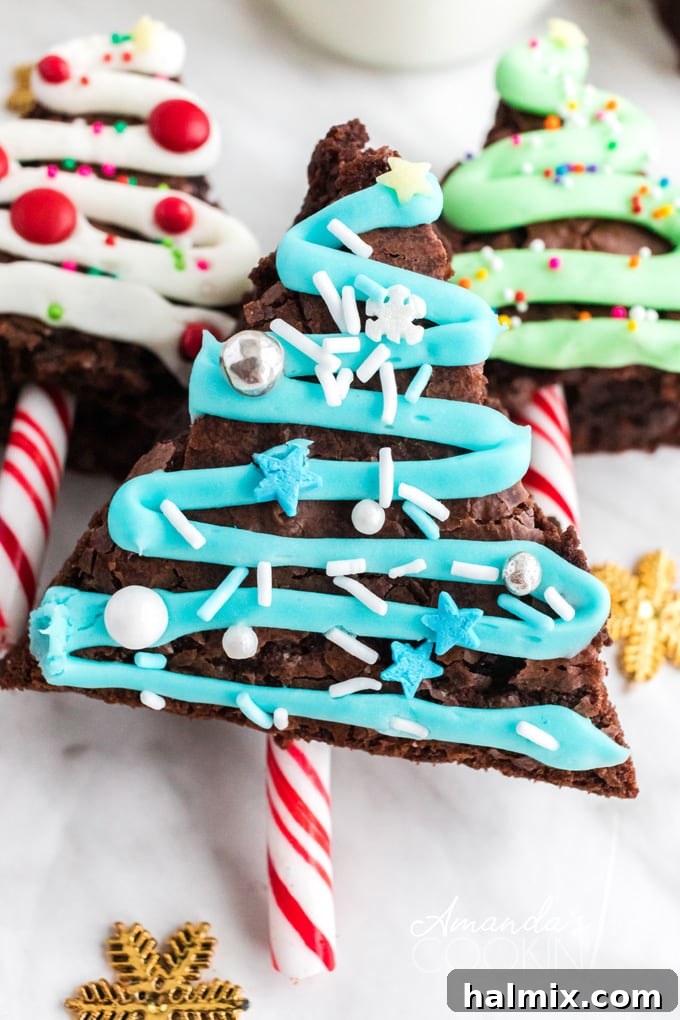 close up of blue frosting on brownie tree