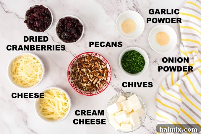 Gathering the essential ingredients: cream cheese, shredded cheeses, pecans, dried cranberries, and savory seasonings for an easy holiday appetizer. A flat lay showing all the fresh ingredients needed for making the cranberry cheese ball, including cheeses, cranberries, pecans, and chives.