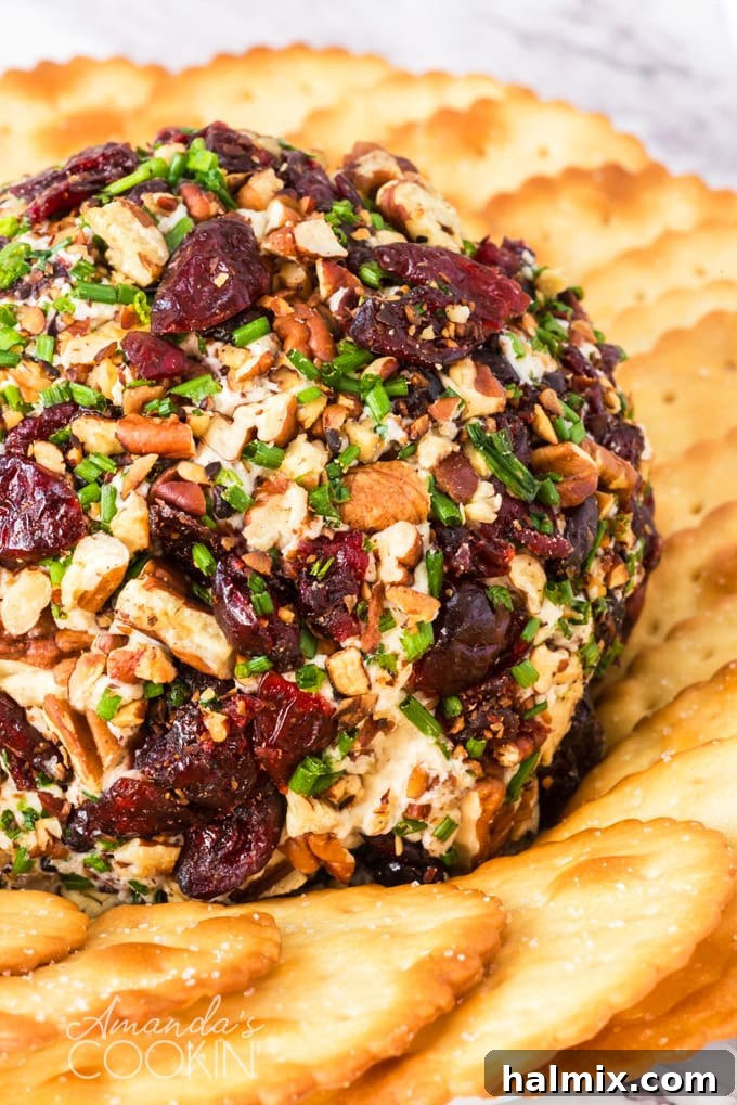 The vibrant cranberry cheese ball beautifully presented with an array of crackers for easy, delicious serving. A festive cranberry cheese ball served on a wooden board with an assortment of crackers.