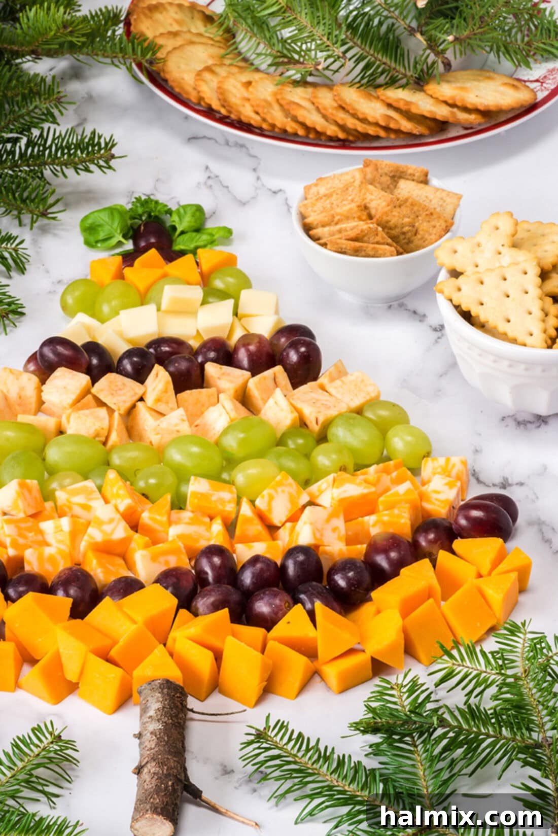 Close up photo of a Christmas Tree Cheese Platter