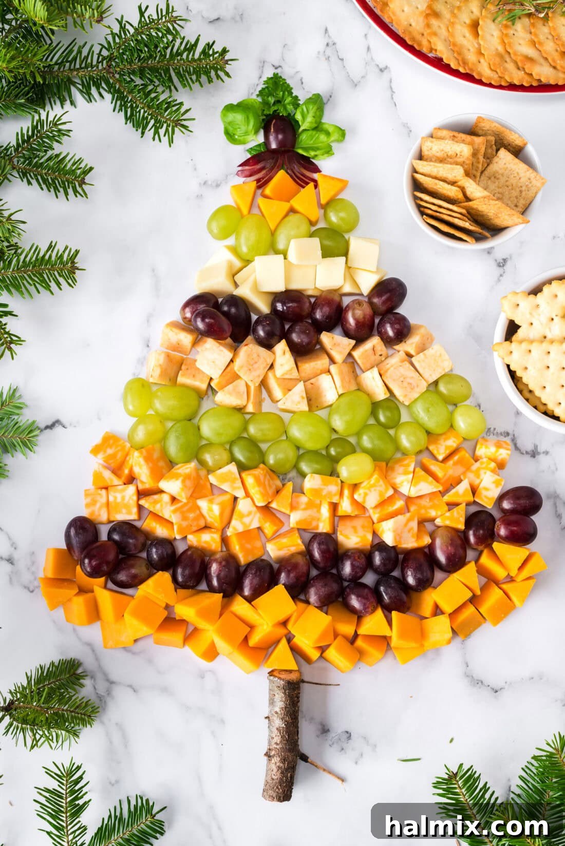 Overhead photo of a Christmas Tree Cheese Platter