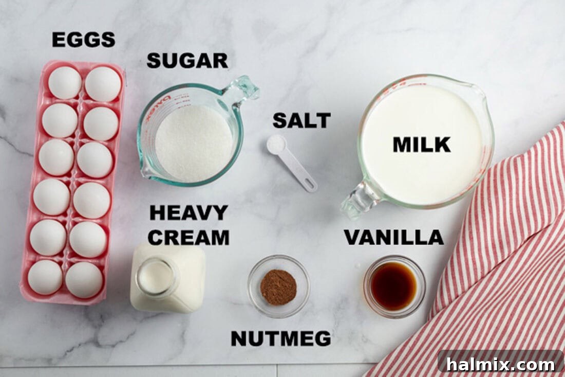 Ingredients laid out for Homemade Eggnog recipe preparation
