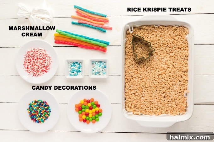 A simple collection of ingredients including butter, marshmallows, Rice Krispies, and candies for Christmas Tree Rice Krispie Treats. ingredients for making Christmas Tree Rice Krispie Treats