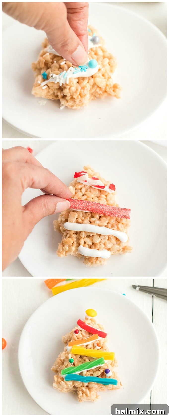 Customize your Christmas Tree Rice Krispie Treats with your favorite candies and sprinkles for personalized holiday desserts. adding various candy decorations to Christmas Tree Rice Krispie Treats