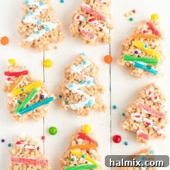 assorted Christmas Tree Rice Krispie Treats with festive backgrounds