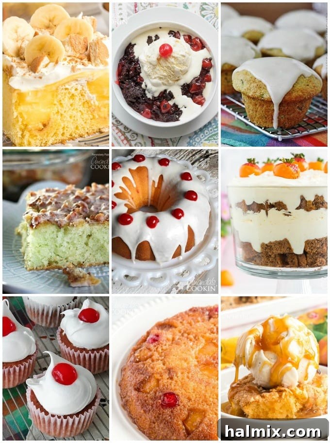 A vibrant collage showcasing a variety of delicious desserts made from cake mixes, including colorful cupcakes, rich cobblers, and festive cakes, highlighting the versatility of boxed mixes.
