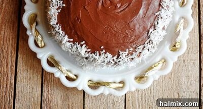 An overhead photo of an almond joy coconut snowflake cake resting on a white cake stand, showcasing its intricate design.