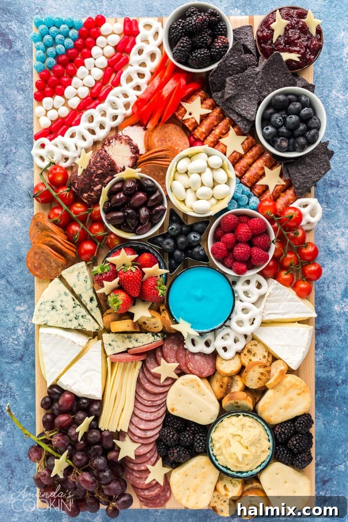 Stunning patriotic charcuterie board overflowing with finger foods, cheeses, crackers, and fresh fruits in red, white, and blue colors, ready for a 4th of July party.