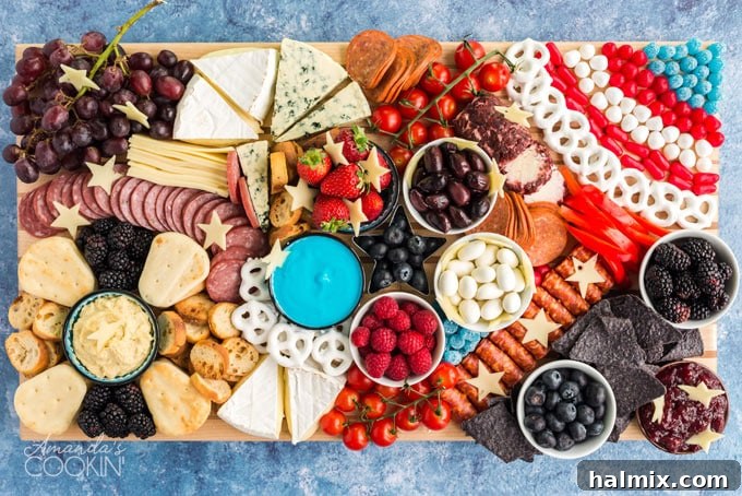 Close-up of a beautifully arranged cheese and fruit board, featuring an assortment of red, white, and blue ingredients, perfectly titled 'Make a red, white, and blue patriotic charcuterie board from fresh fruit, vegetables, dips, spreads, crackers, bread, and more. Tons of tips and ideas!'