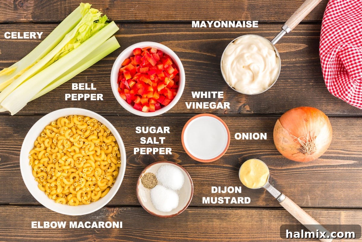 A collage of labeled ingredients for Nana's Macaroni Salad, including pasta, mayonnaise, vinegar, mustard, sugar, salt, pepper, celery, bell pepper, and onion.