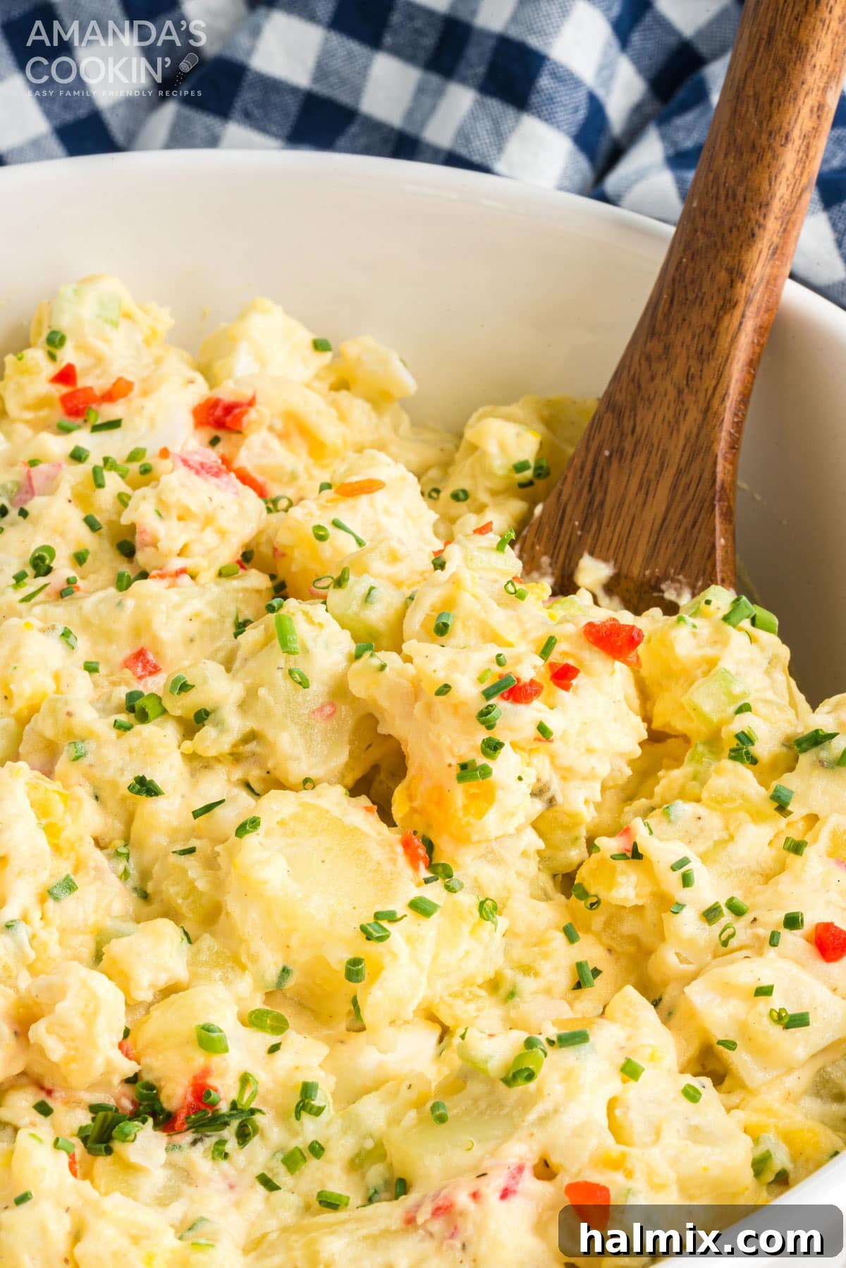 If you're looking for that perfect potato salad, you have to try my mom's recipe. I love my mom's potato salad, it's a classic and the hit of the party! wooden spoon in bowl of potato salad