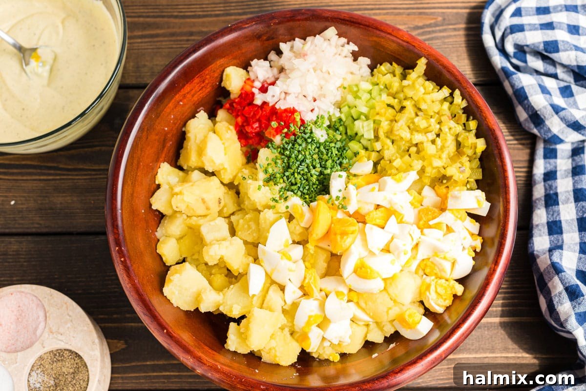 Mama's Secret Potato Salad 6 all potato salad ingredients in a bowl