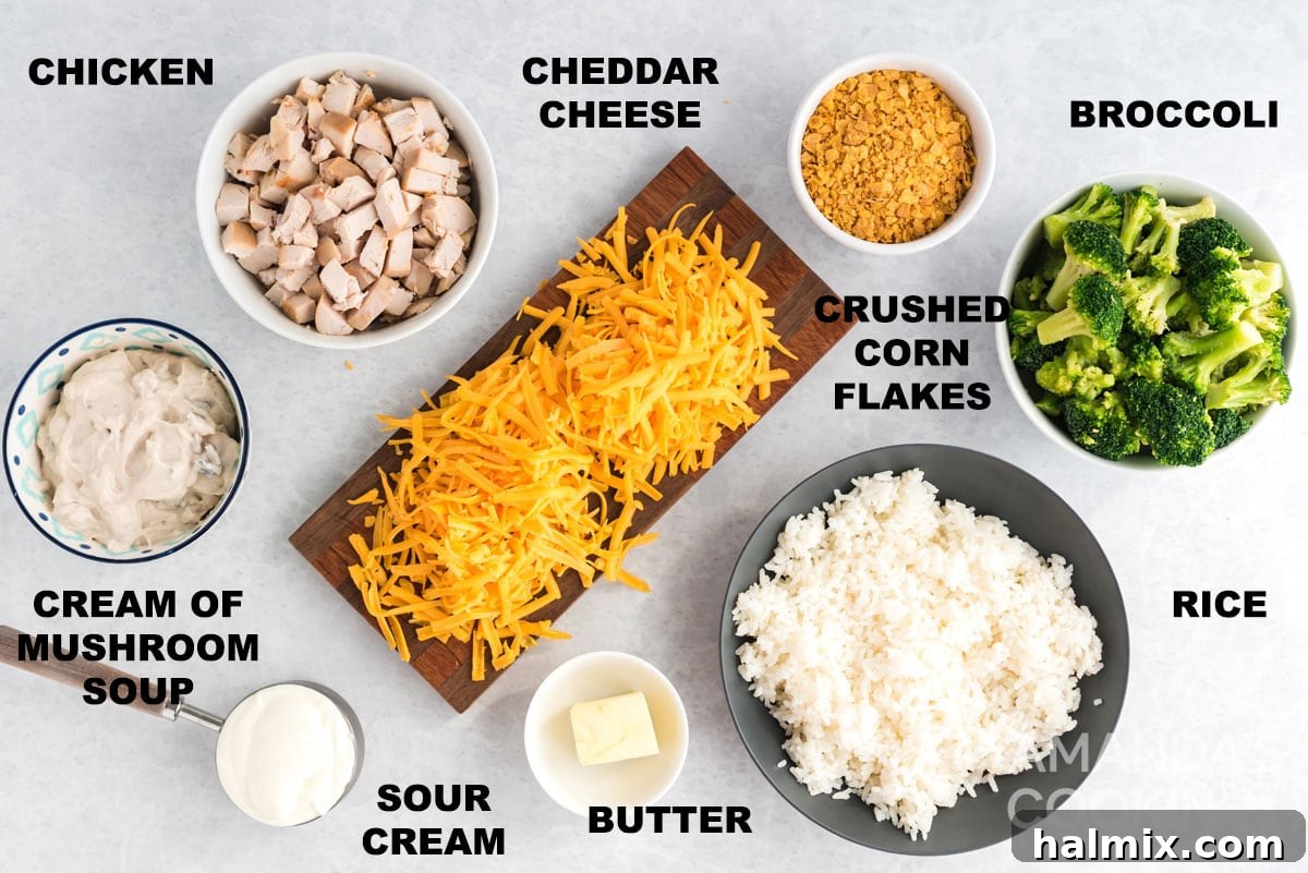 An array of labeled ingredients including chicken, rice, broccoli, soup, sour cream, cheese, and corn flakes, ready for Chicken Broccoli Rice Casserole preparation