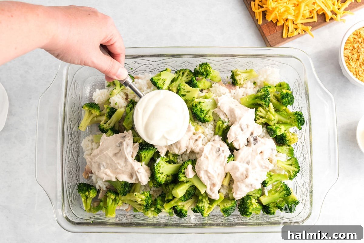 Adding sour cream to a baking dish containing diced chicken, cooked rice, broccoli, and condensed soup, prior to mixing for the casserole
