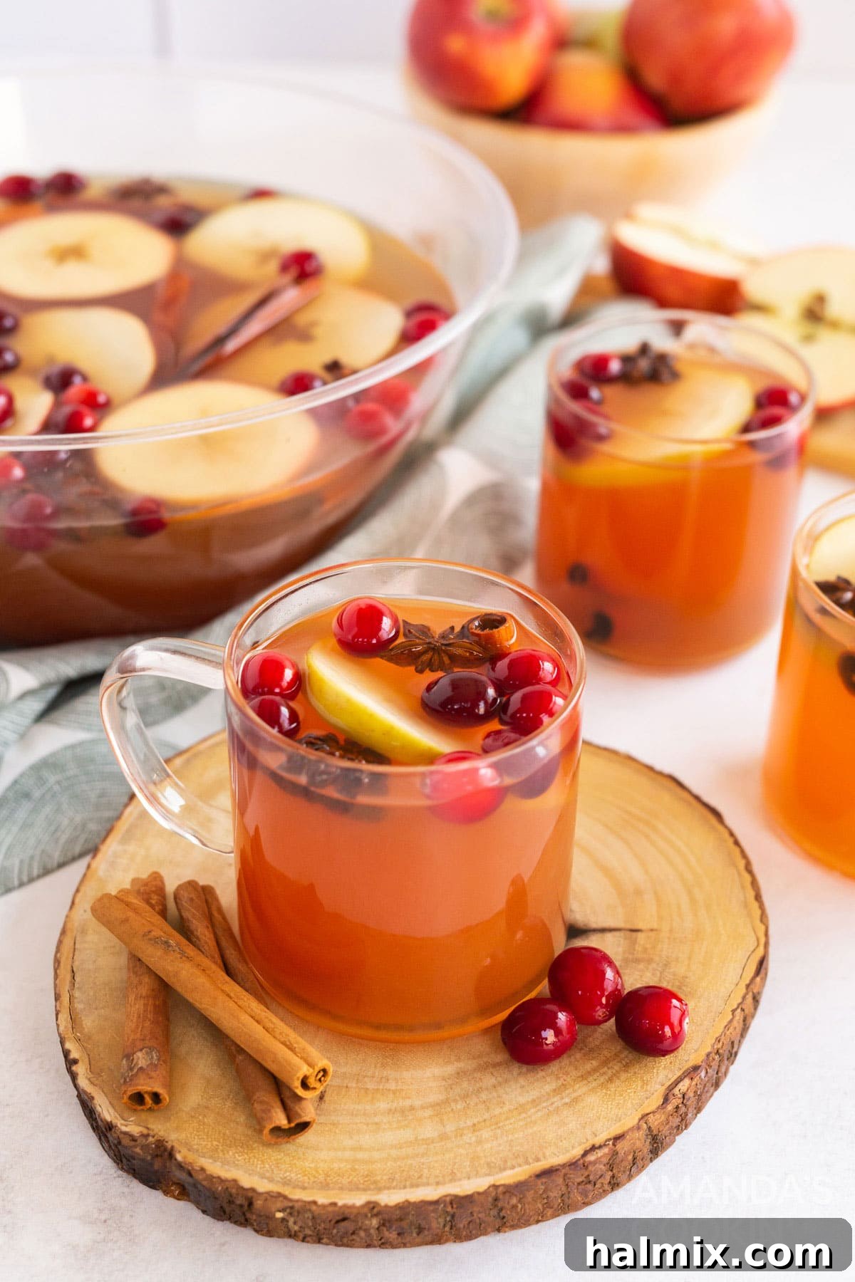 A glass mug filled with amber hot apple cider, garnished with cinnamon sticks and star anise, resting on a rustic wooden tray amidst fall leaves.