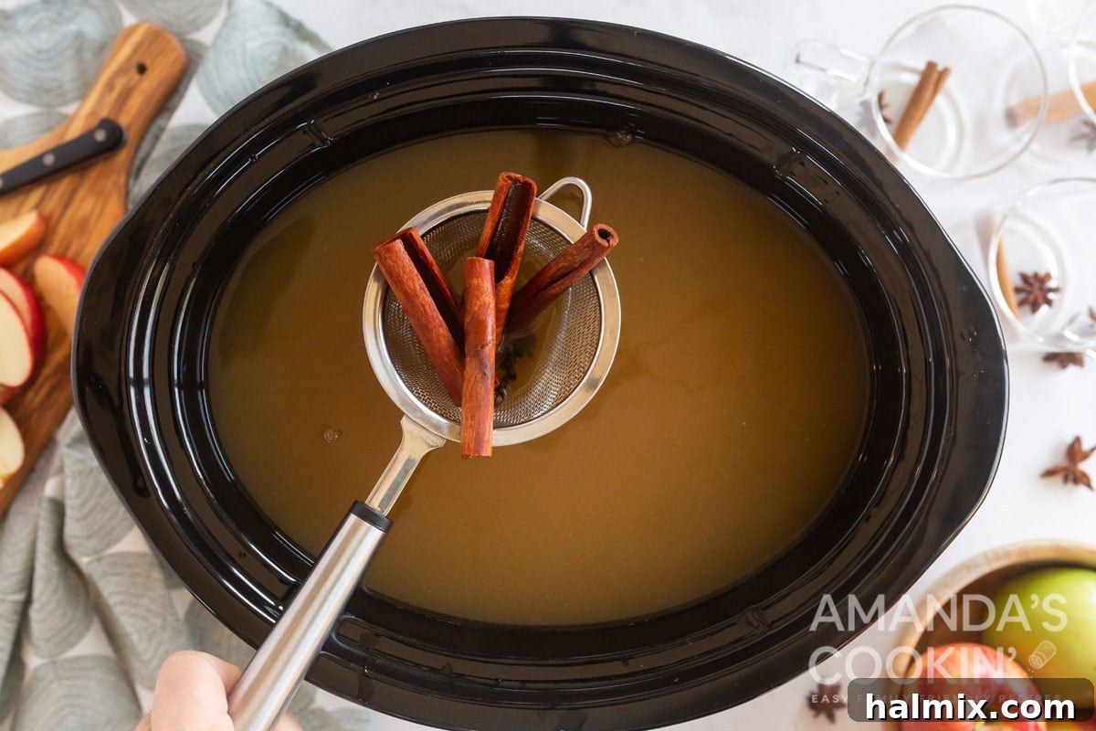 Close-up of a kitchen strainer holding used cinnamon sticks and whole cloves, having been removed from the hot apple cider.