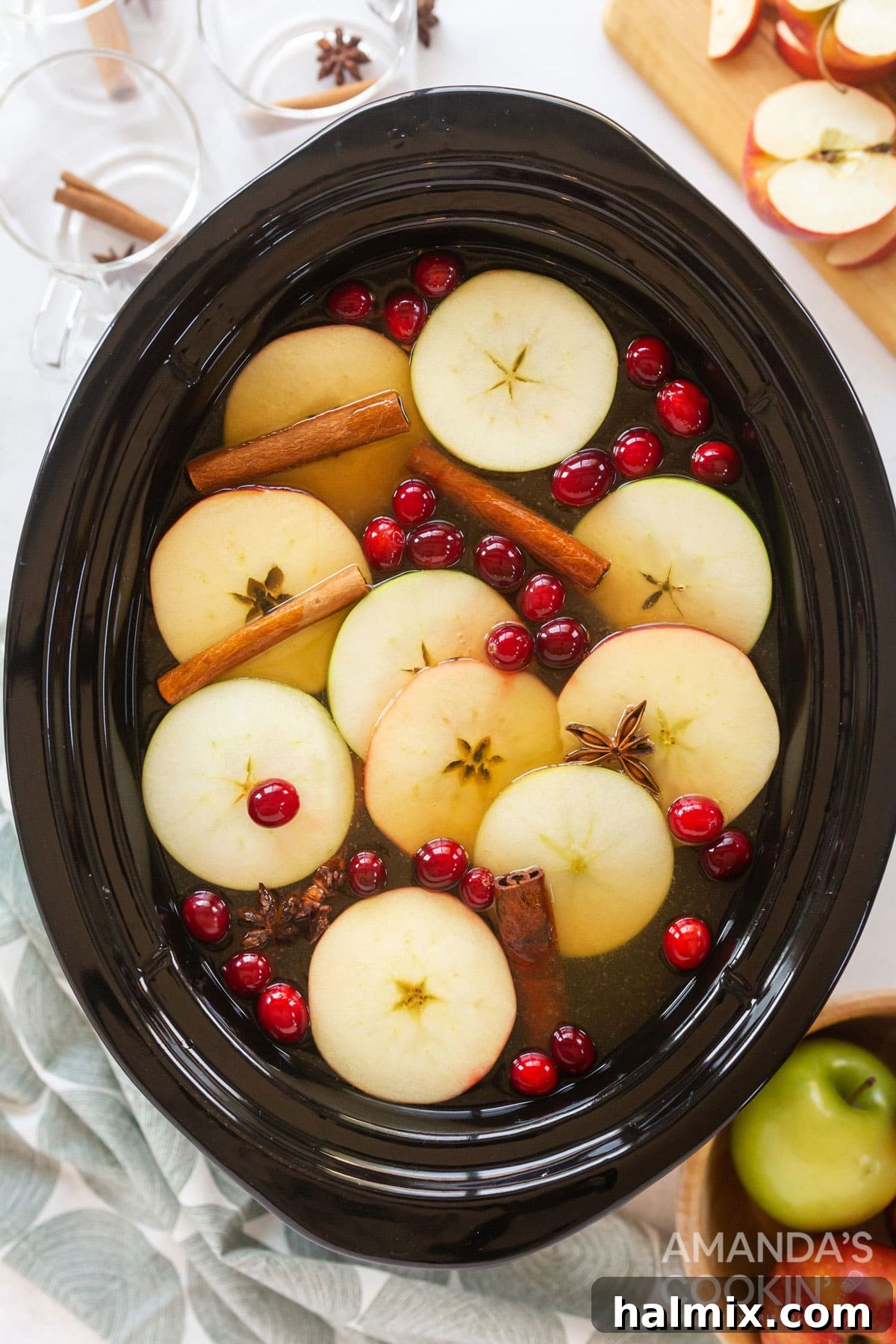 A festive crockpot filled with hot apple cider, garnished with apple slices, cinnamon sticks, and cranberries, ready for a fall gathering.