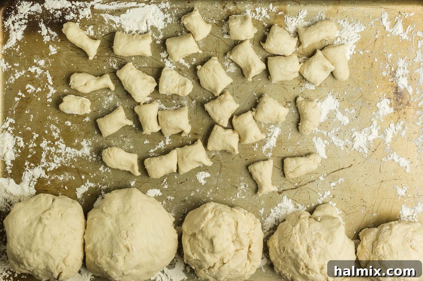 Golden Air Fried Pretzel Poppers 11 Dough cut into pieces, ready for air frying