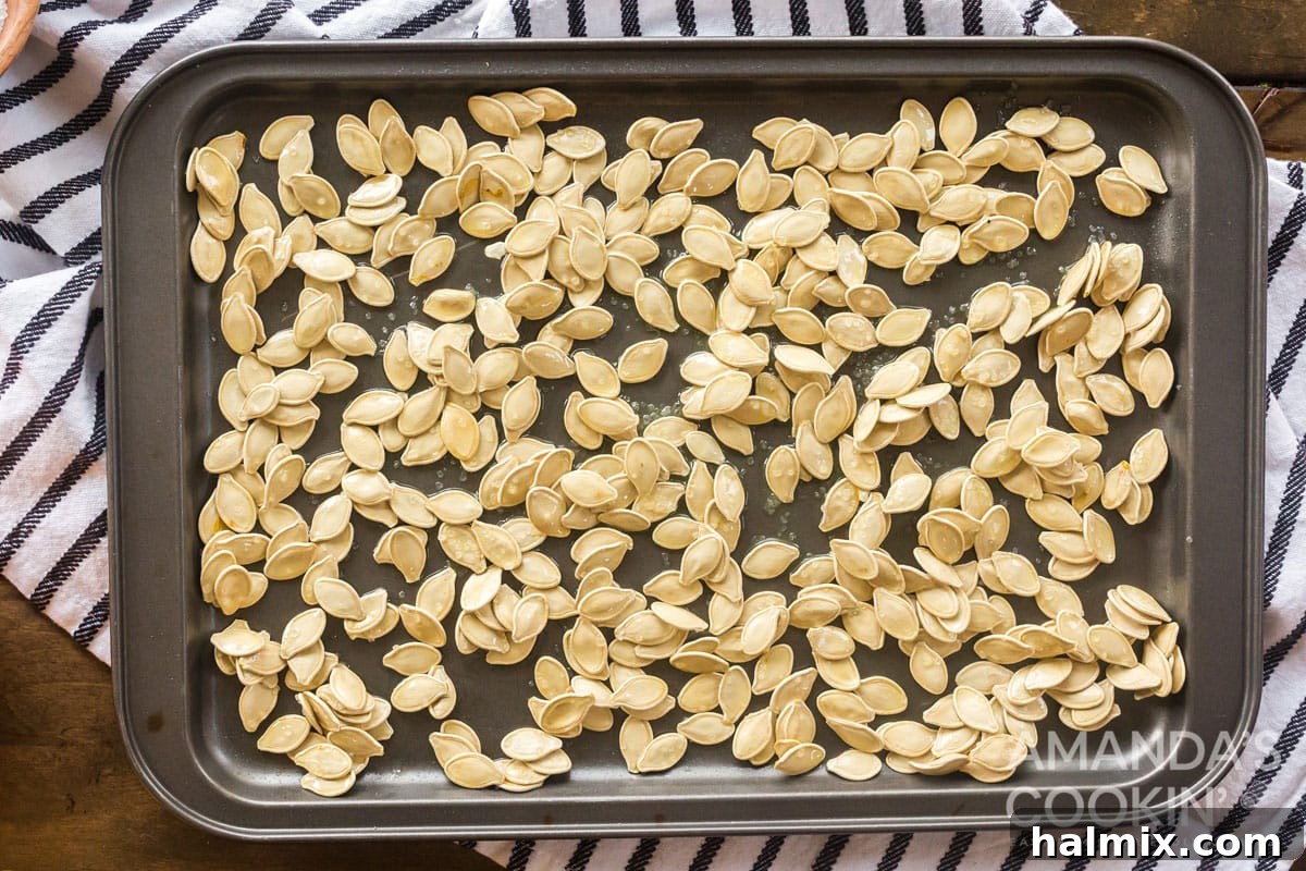 Pumpkin seeds, seasoned and spread in a single layer on a baking pan, ready to go into the oven.