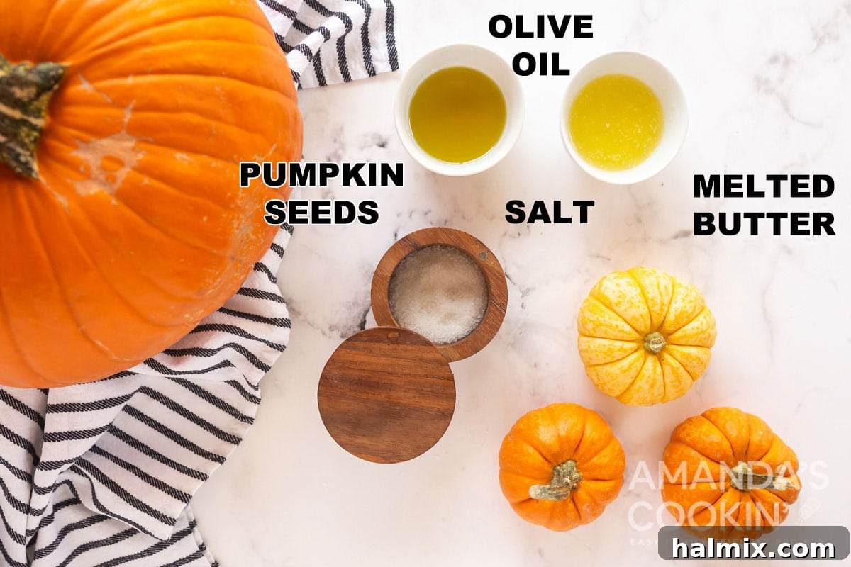 Clearly labeled ingredients laid out to make homemade roasted pumpkin seeds: raw seeds, olive oil, melted butter, and salt.