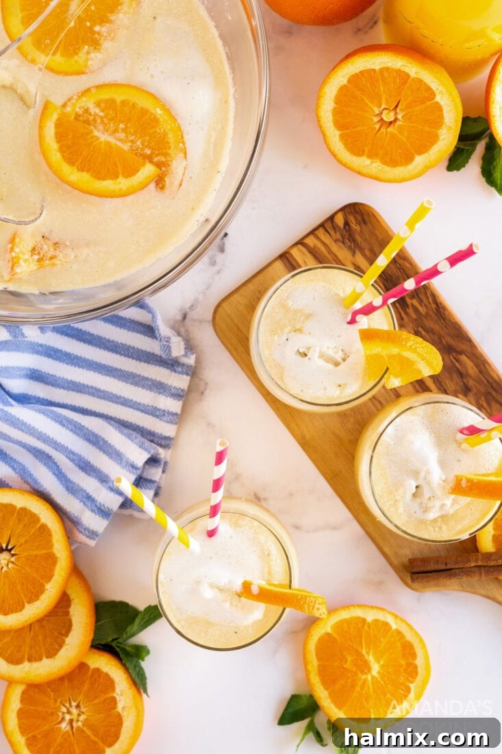 vanilla orange punch in a bowl and in glasses