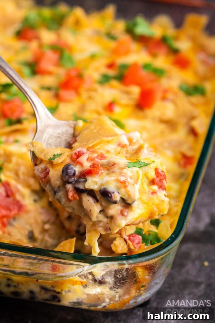 spoon lifting out a serving of mexican chicken casserole