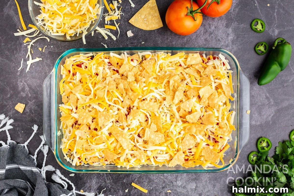 chips and cheese layer in casserole dish