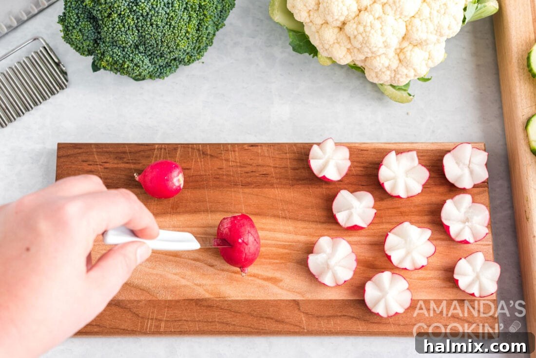 Edible Sculptures: Crafting Decorative Vegetables 9 A close-up of a hand carefully slicing a radish with a paring knife to create petal shapes for a radish flower.