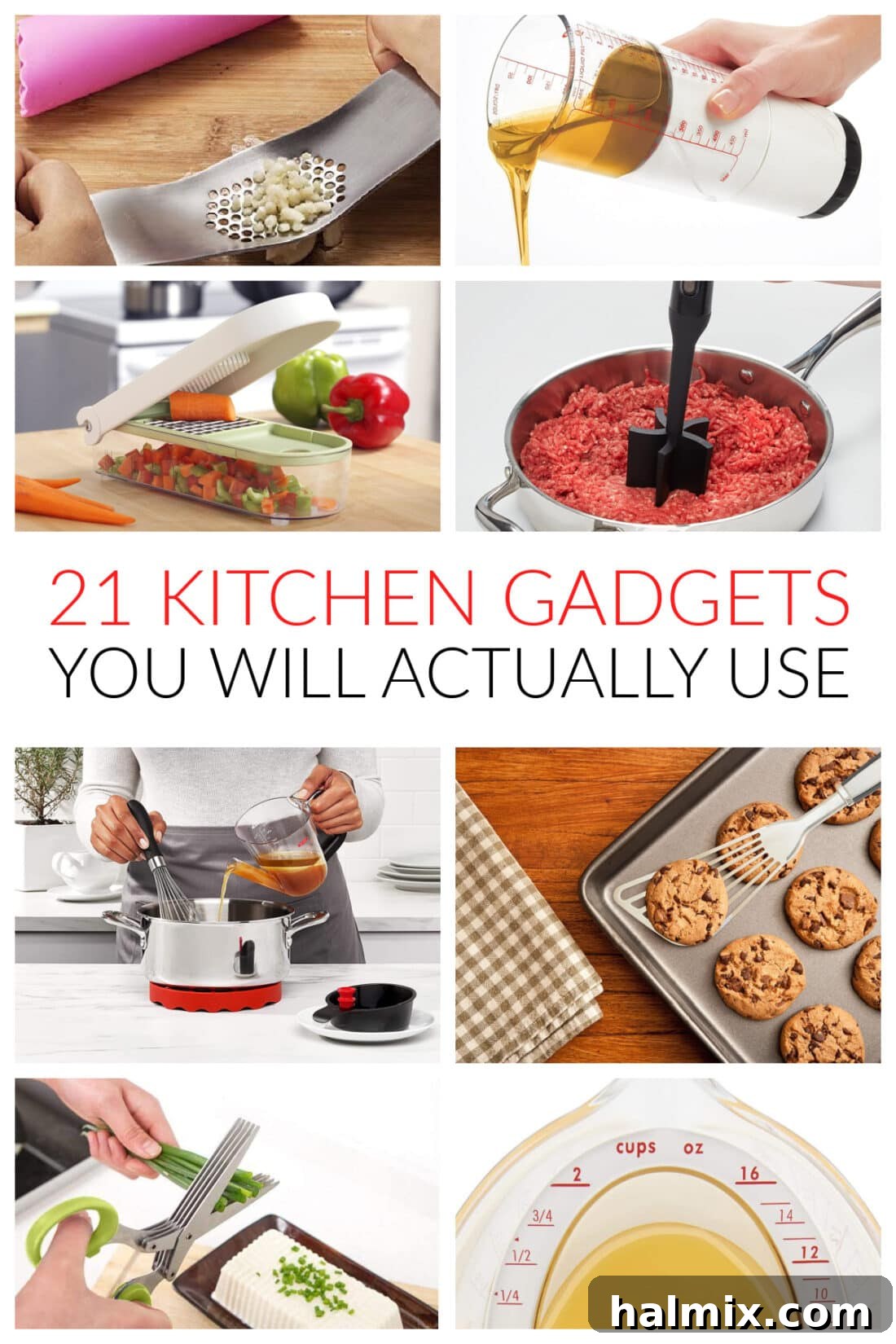 21 Clever Kitchen Gadgets You'll Use Constantly 2 A vibrant collage showcasing various essential kitchen gadgets, including a knife sharpener, kitchen shears, avocado slicer, measuring cups, and more, set against a clean kitchen backdrop.