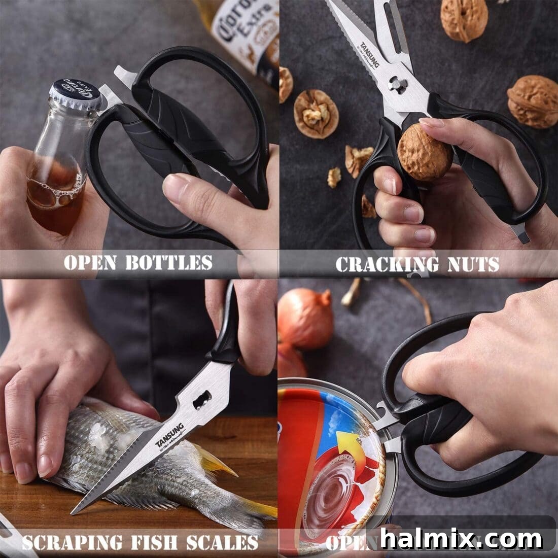 21 Clever Kitchen Gadgets You'll Use Constantly 4 Demonstrating the versatile uses of heavy-duty kitchen shears, cutting through various food items.