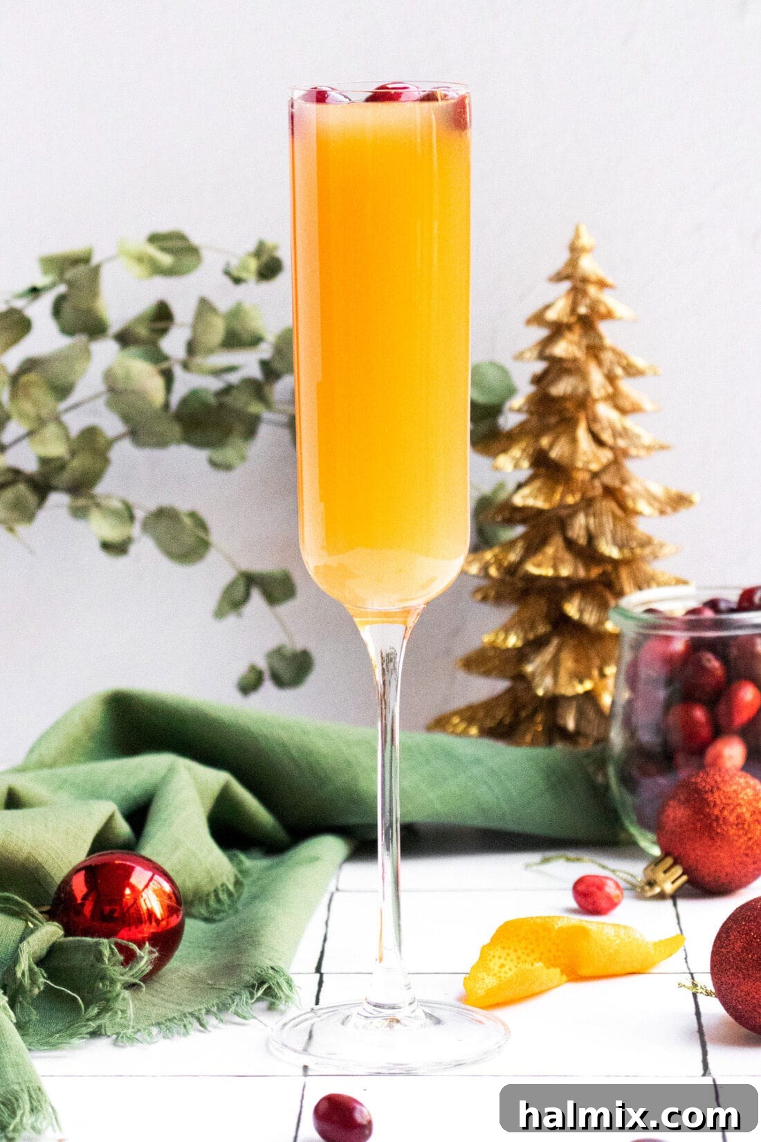 A beautifully presented cranberry mimosa in a champagne flute, garnished with fresh cranberries.