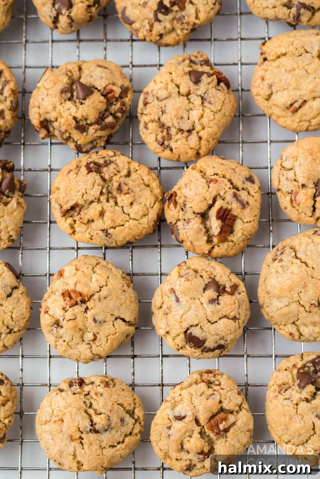 Close-up of Neiman Marcus cookies cooling on a wire rack, showing their generous chocolate and nut content.