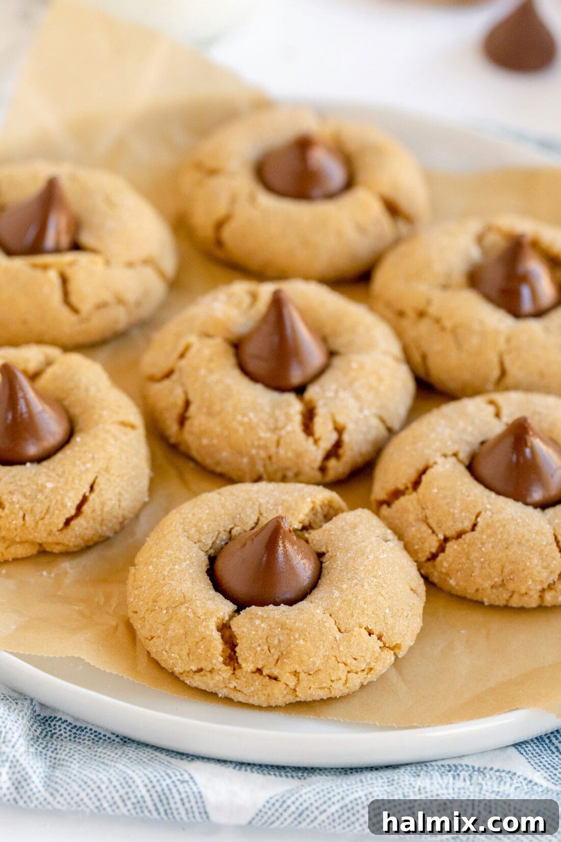 A plate brimming with classic Peanut Butter Blossoms, each cookie adorned with a chocolate Hershey's Kiss, ready to be enjoyed.