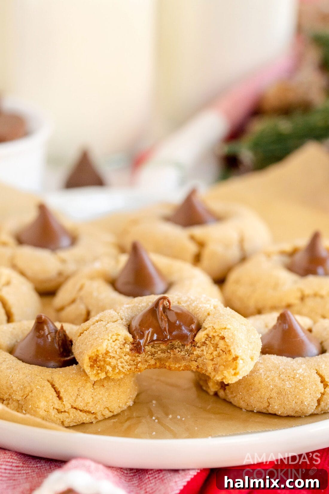 A close-up of a Peanut Butter Blossom cookie with a bite taken out, revealing its soft, chewy interior and the creamy chocolate kiss.