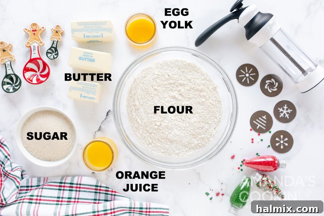 labeled ingredients for spritz cookies laid out on a table
