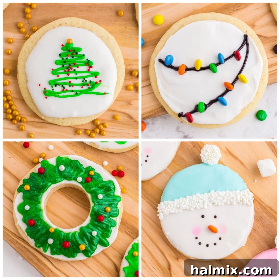 Four charmingly decorated sugar cookies, adorned with simple yet festive icing designs, arranged on a plate perfect for holiday celebrations.