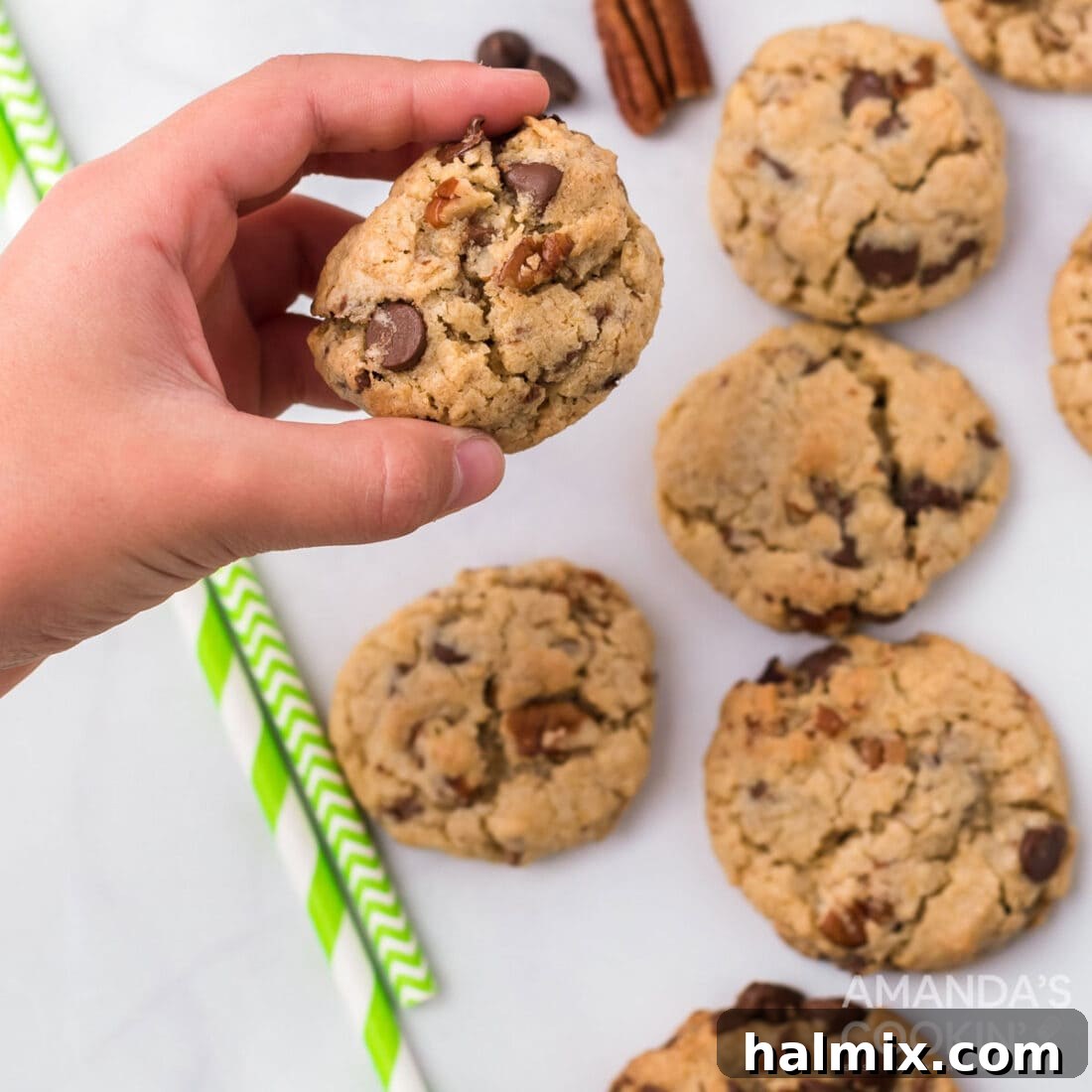 A hand presenting a perfectly baked Neiman Marcus chocolate chip cookie, showcasing its rich texture and generous chocolate chunks, embodying the legendary recipe.