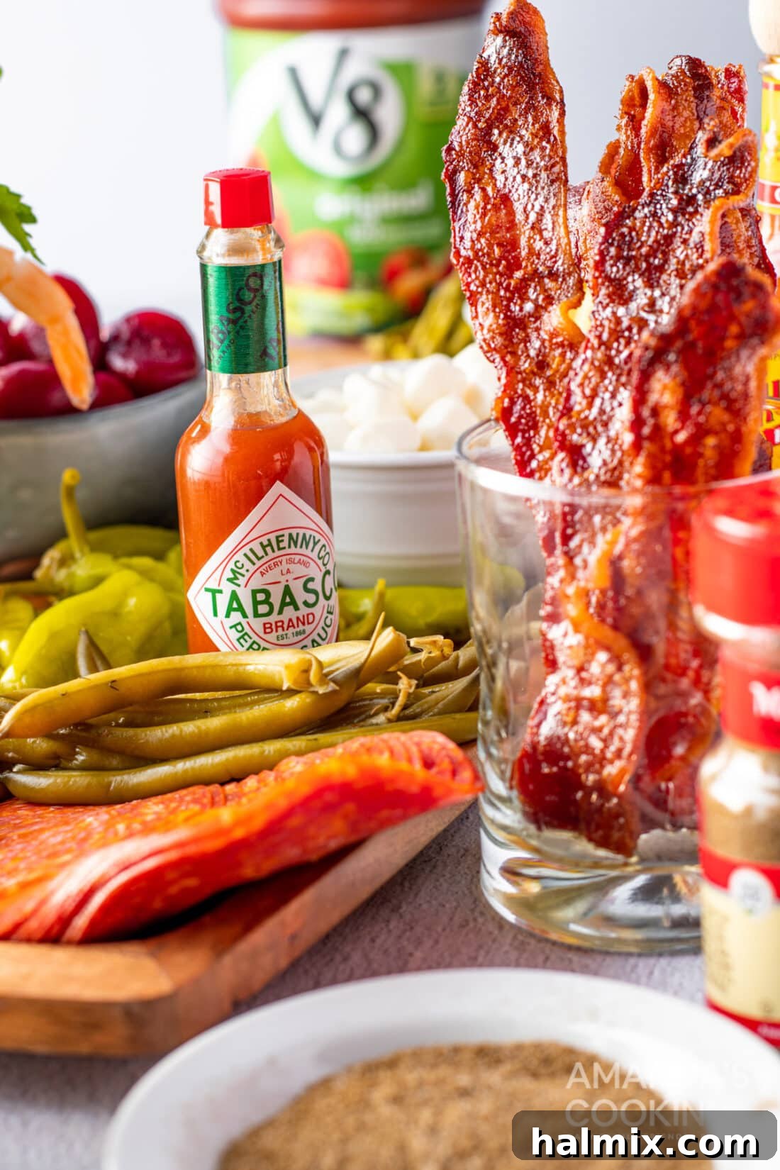 Bloody Mary Inspired Charcuterie Spread 3 tabasco sauce and bloody mary toppings