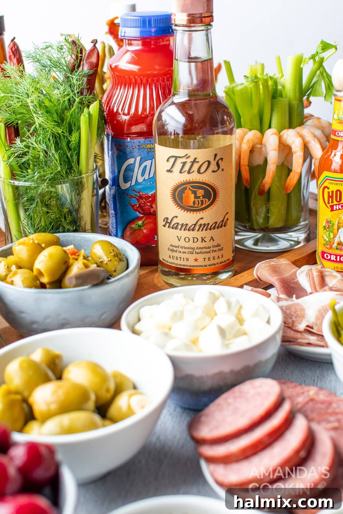 Bloody Mary Inspired Charcuterie Spread 4 ingredients for bloody marys