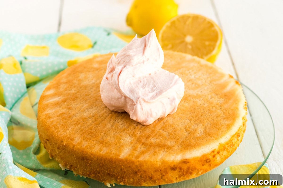Dollop of pink frosting on a layer of round cake